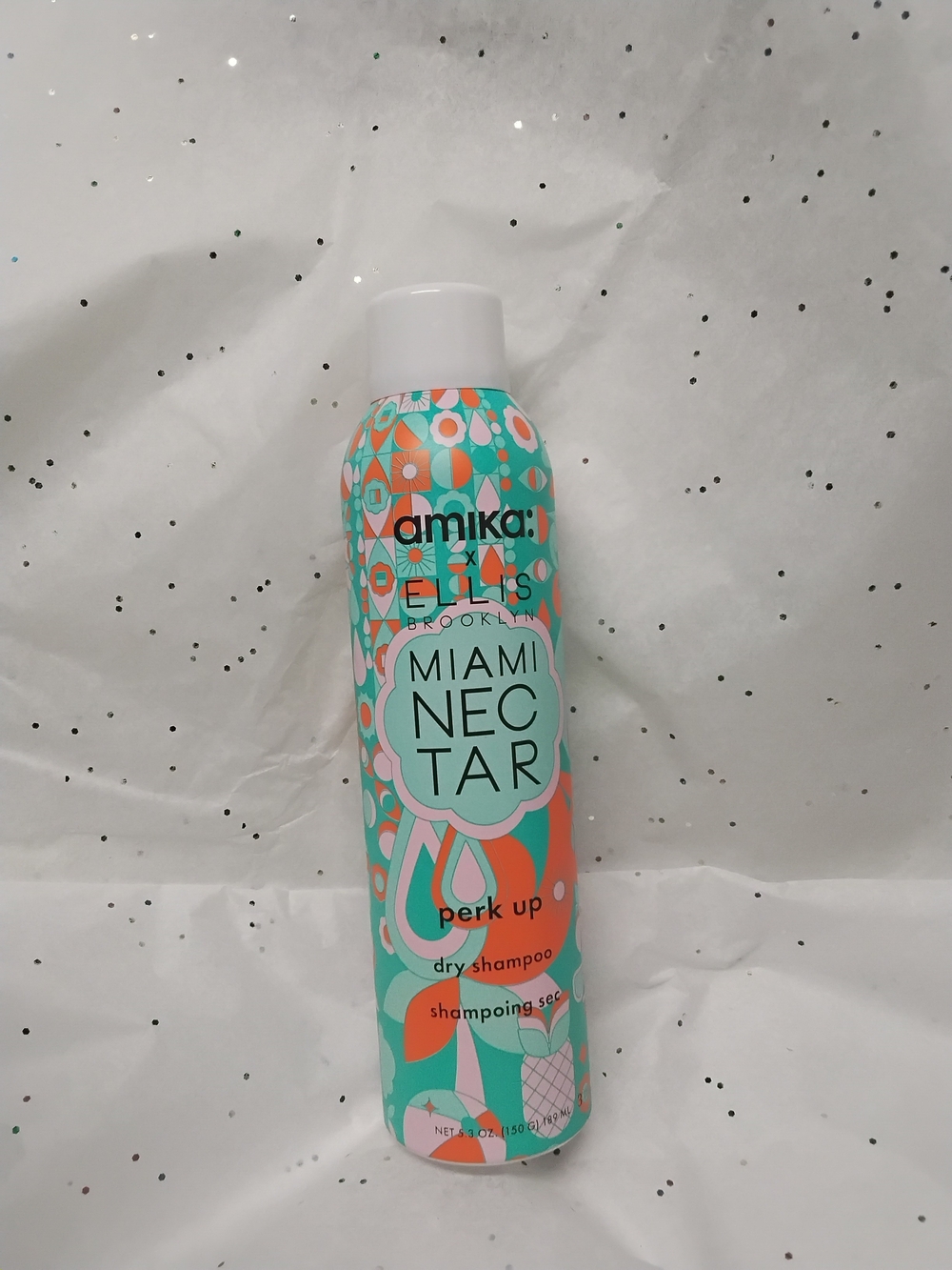 amika Miami Nectar Dry Shampoo in Teal & Coral Patterned Can